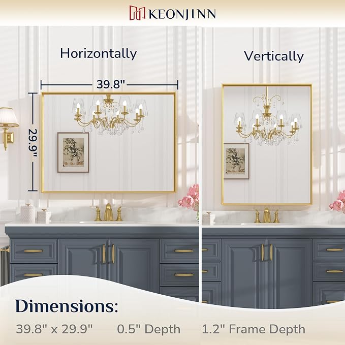 Keonjinn 40x30 Inch Gold Bathroom Mirror for Over Sink, Rectangular | HD Tempered Glass, Vanity Mirror, Brushed Framed, Square Corner, Modern Farmhouse, Wall Mounted Mirrors, Aluminum Alloy