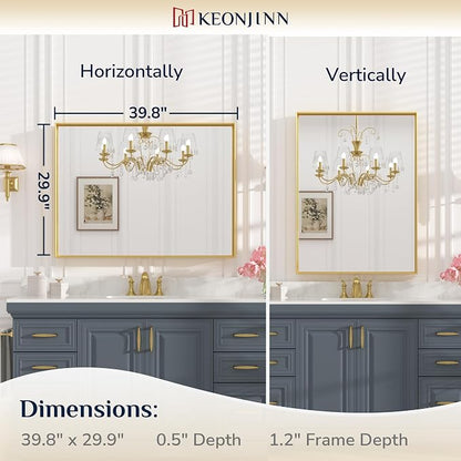 Keonjinn 40x30 Inch Gold Bathroom Mirror for Over Sink, Rectangular | HD Tempered Glass, Vanity Mirror, Brushed Framed, Square Corner, Modern Farmhouse, Wall Mounted Mirrors, Aluminum Alloy
