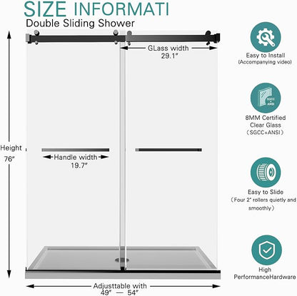 49-54" W x 76" H Frameless Double Sliding Shower Door for Walk-in Shower,5/16" (8mm) SGCC Certified Clear Tempered Safety Glass,Easy-Clean Coating,Quiet Heavy-Duty Roller System,Matte Black