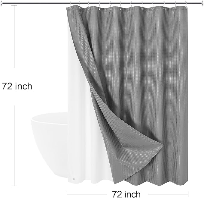 3 in 1 Grey Shower Curtain with PEVA Liner, 12 Hooks, 72x72 | Luxury Weighted Fabric Shower Curtain Set, 12 Stainless Steel Double-Sided Hooks, Water Repellent, Bathroom Decor