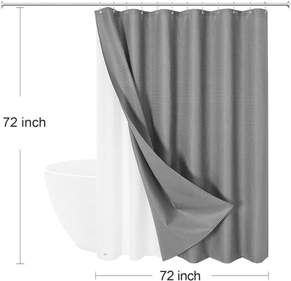 3 in 1 Grey Shower Curtain with PEVA Liner, 12 Hooks, 72x72 | Luxury Weighted Fabric Shower Curtain Set, 12 Stainless Steel Double-Sided Hooks, Water Repellent, Bathroom Decor