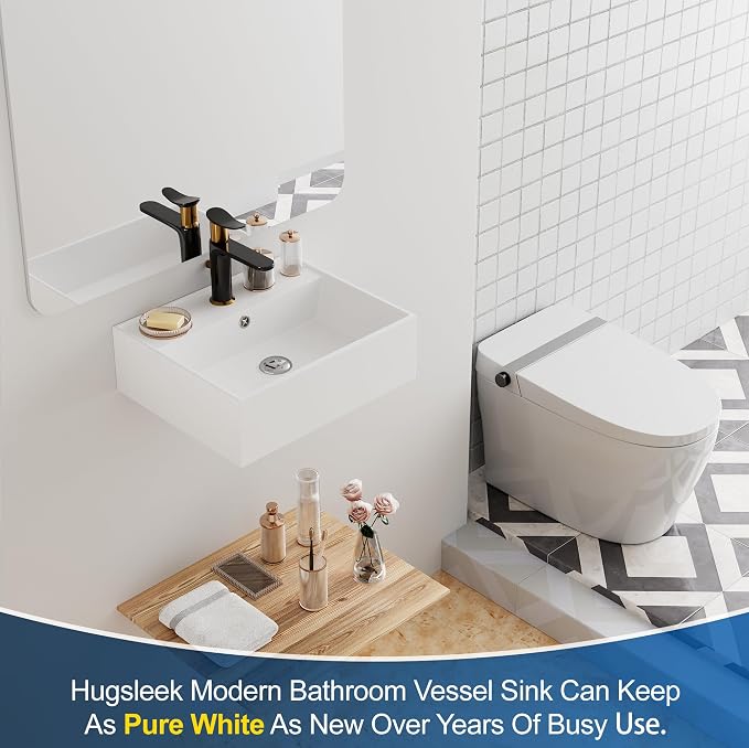 Floating Bathroom Vessel Sink Wall Mount, Hugsleek 16 x 13 inch Rectangle White Porcelain Ceramic Vessel Sink Wall Mounted Hang Bath Sink Bowl Basin Lavatory Vanity Restroom With Faucet Hole Overflow