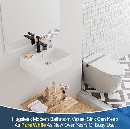 Floating Bathroom Vessel Sink Wall Mount, Hugsleek 16 x 13 inch Rectangle White Porcelain Ceramic Vessel Sink Wall Mounted Hang Bath Sink Bowl Basin Lavatory Vanity Restroom With Faucet Hole Overflow