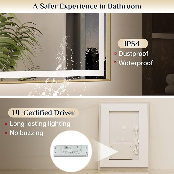 Keonjinn 24x32 Inch Gold LED Bathroom Mirror with Lights, HD Tempered Glass | Frontlit & Backlit, Lighted Bathroom Mirror, Beveled Edge , 3 Color Temperatures, Anti-fog, Stepless Dimmable