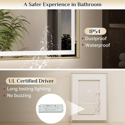 Keonjinn 60x36 Inch Gold LED Bathroom Mirror with Lights, HD Tempered Glass | Frontlit & Backlit, Large Lighted Bathroom Mirror, Beveled Edge, 3 Color Temperatures, Anti-fog, Stepless Dimmable