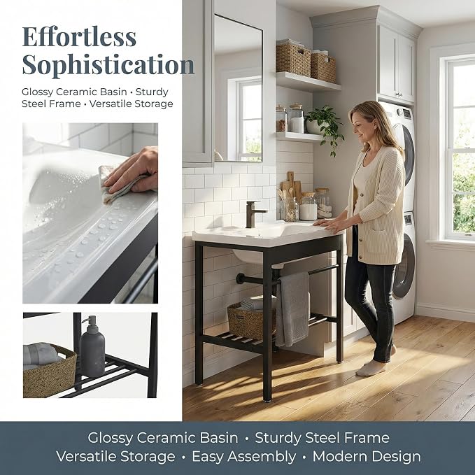 Freestanding Bathroom Console Sink, Bathroom Vanity with Sink, 28.3" x 19" x 32.3" Ceramic Console Sink Set With Bracket, Utility Sink for Laundry Room, Washing Room, Garage, Basement, Outdoor, Indoor | 19" x 28.3" x 32.3" Ceramic Console Sink with Bra...