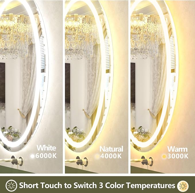 OKPAL Oval LED Mirror for Bathroom 40x30, Bathroom Mirror with Lights, Oval Lighted Bathroom Mirror, Anti-Fog, Shatter-Proof, Dimmable, Memory, 3 Colors (Front Lights + Backlit)