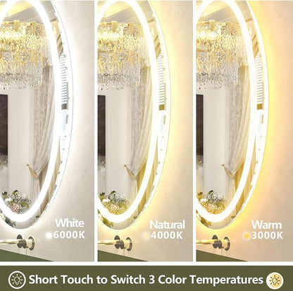 OKPAL Oval LED Mirror for Bathroom 40x30, Bathroom Mirror with Lights, Oval Lighted Bathroom Mirror, Anti-Fog, Shatter-Proof, Dimmable, Memory, 3 Colors (Front Lights + Backlit)