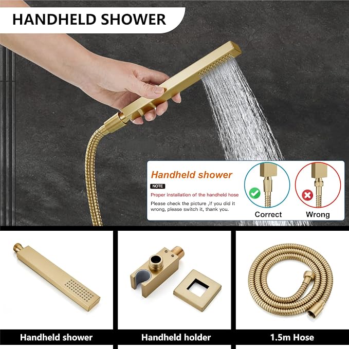 Midanya Shower Faucet Set with Handheld Sprayer,12 Inch,Brushed Gold | Rough-in Shower Valve and Trim Kit Included,Square Rain Head,Wall Mount Shower System,All Metal,Bathroom
