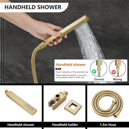 Midanya Shower Faucet Set with Handheld Sprayer,12 Inch,Brushed Gold | Rough-in Shower Valve and Trim Kit Included,Square Rain Head,Wall Mount Shower System,All Metal,Bathroom