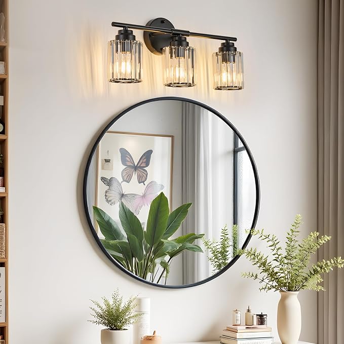 3-Light Black Bathroom Light Fixture, Modern 20.9" Bathroom Vanity Light, Vanity Light with Clear Crystal Shades, E26 Base Wall Sconces Over Mirror for Bathroom, Bedroom, Hallway