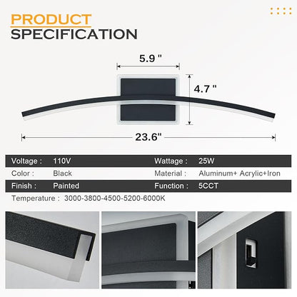 Benkut Modern LED Wall Sconce Black Light Fixtures Over Mirror Modern Bath Wall Lighting for Bathroom, Dimmable Vanity Light for Bathroom(5CCT 23.6Inch)