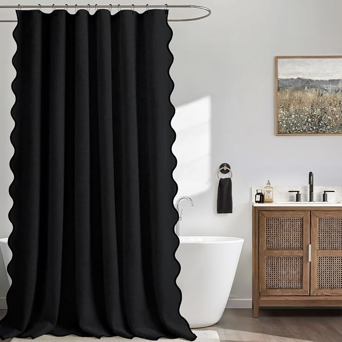 Scalloped Shower Curtain Linen Boho Flax Black 72" W x 84" L | Linen Fabric, Black Border, Washable, Heavy Duty Cloth, Shower Curtain for Boho Farmhouse Bathroom Bathtub