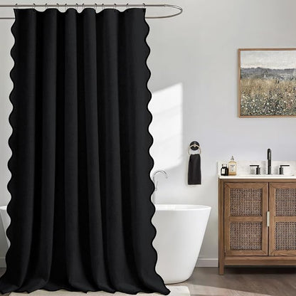 Scalloped Shower Curtain Linen Boho Flax Black 72" W x 84" L | Linen Fabric, Black Border, Washable, Heavy Duty Cloth, Shower Curtain for Boho Farmhouse Bathroom Bathtub