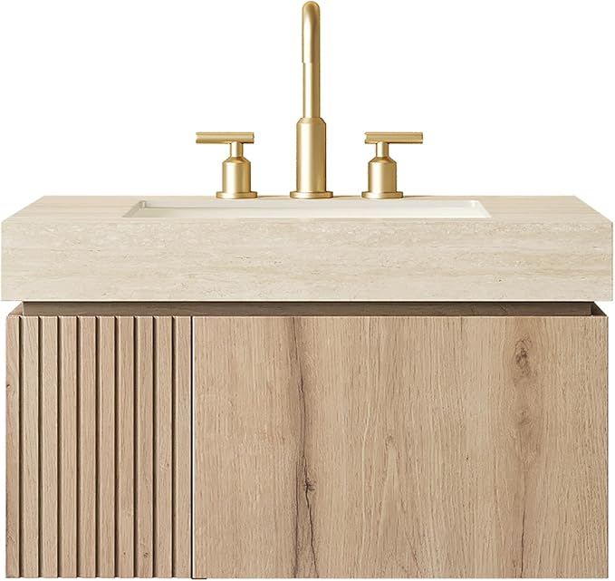 KEIKI 30 Inch Floating Bathroom Vanity with Sink, Modern Wall Mounted Storage Cabinet with Drawer, Pre-assembled Waterproof Wood Panels, Sintered Stone Top & Ceramic Basin Combo Set, White Oak & Beige