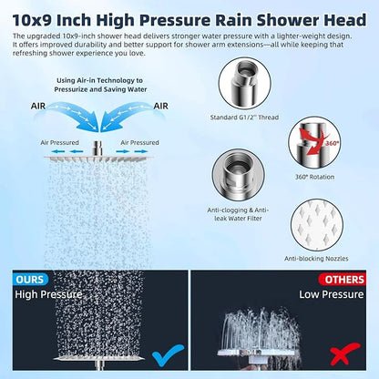 Hibbent All Metal 10'' Filtered Rainfall Shower Head Combo, High Pressure Handheld Shower Wand, 12'' Adjustable Curved Extension Arm, 20 Stage Shower Filter, 71'' Hose, Shower Head Holders, Chrome