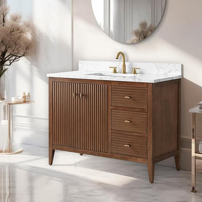 Vanity Art 42 inch Walnut Bathroom Vanity with Single Sink & Ceramic Top, Vanity Cabinet with Soft-Closing Door, Solid Wood Frame, Linear Pattern, Walnut, VA9142-Walnut-MB,Matte Black Handles