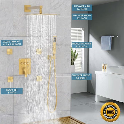 Shower System with Body Jets,Bostingner 12" Rain Shower and Handheld, Can Use All Spray at A Time,Wall Mount Push Button Shower Faucet Set with Valve and Trim Kit Included,Brushed Gold