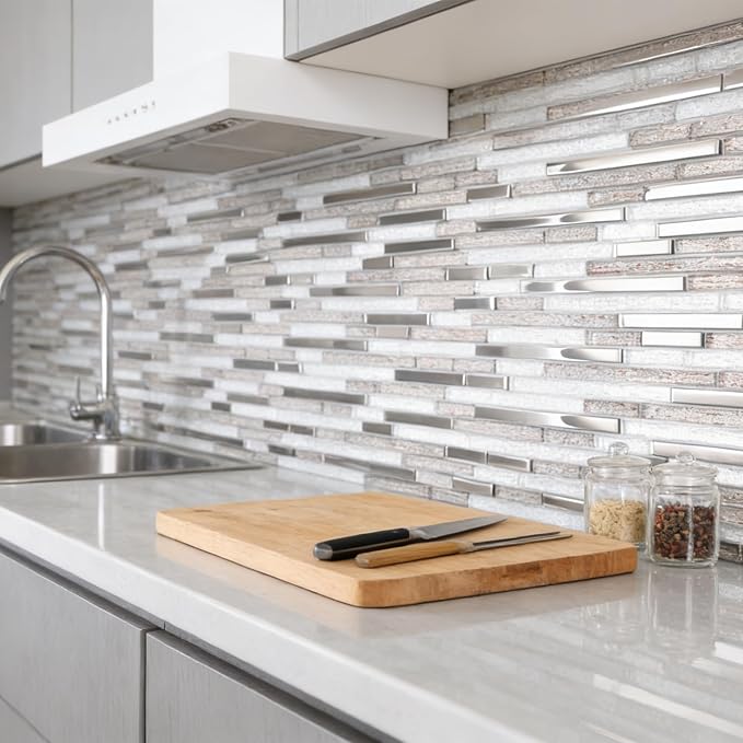 Glass Tiles Mosaic Backsplash Silver 12 Inch (5-Pack, 5 sq.ft.) | Brown Strip for Kitchen Bathroom and Shower Backsplash