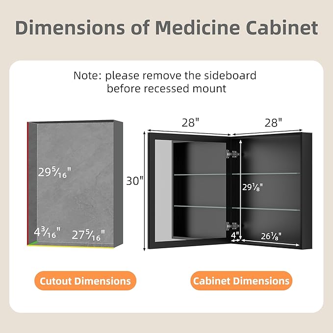 28 x 30 Inch Large Medicine Cabinet with Mirror, Black Aluminum Bathroom Cabinet with Storage, Oversized Single Door Tempered Beveled Glass, Recessed or Surface Mount, Adjustable Shelves