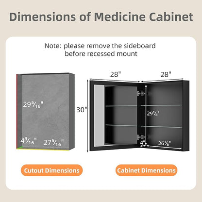 28 x 30 Inch Large Medicine Cabinet with Mirror, Black Aluminum Bathroom Cabinet with Storage, Oversized Single Door Tempered Beveled Glass, Recessed or Surface Mount, Adjustable Shelves
