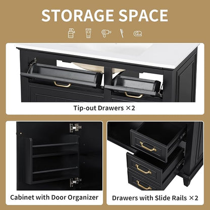 36" Bathroom Vanity with Ceramic Sink Top, Soft-Close Door & Flip Drawers, Freestanding Storage Cabinet W/Adjustable Shelf, Solid Wood Frame for Bathrooms, Powder Room, Guest Bath,Black
