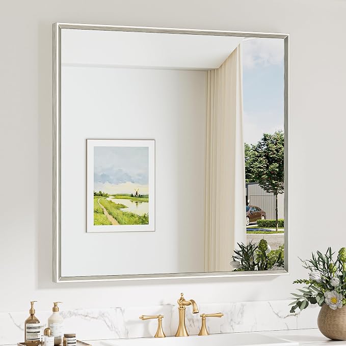 Keonjinn 36"x36" Brushed Nickel Framed Mirrors for Bathroom Sink, Anti Rust | Square Rectangular Mirror for Wall, Beveled Frame Design, Rustic Bathroom Vanity Mirror, Tempered Glass, Farmhouse Style