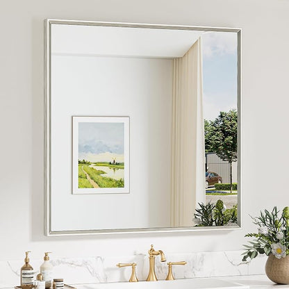 Keonjinn 36"x36" Brushed Nickel Framed Mirrors for Bathroom Sink, Anti Rust | Square Rectangular Mirror for Wall, Beveled Frame Design, Rustic Bathroom Vanity Mirror, Tempered Glass, Farmhouse Style