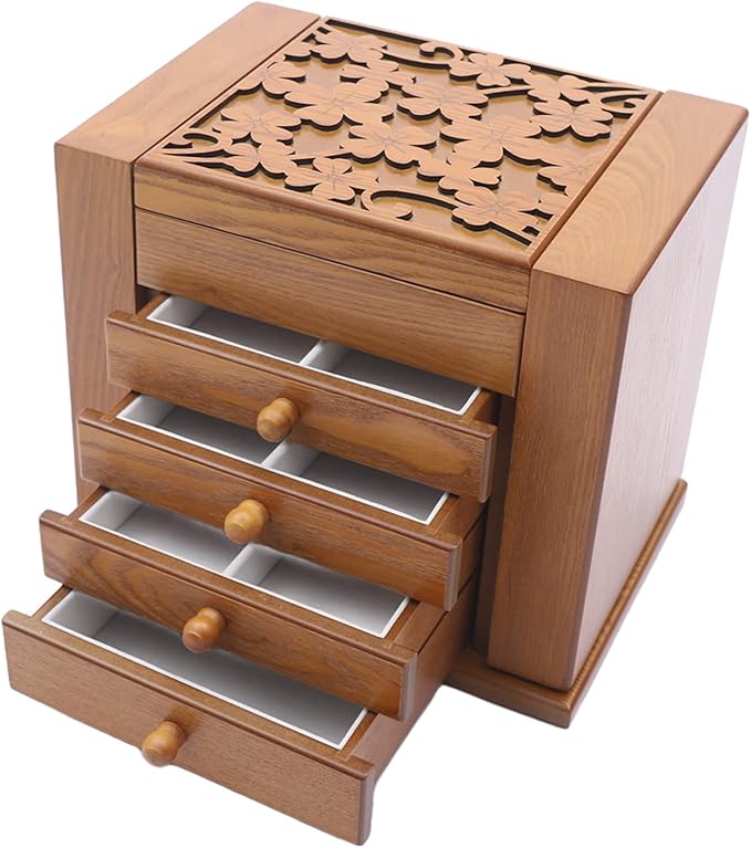 Extra Large Four-Leaf Carved 5 Layers Wooden Jewelry Box Jewelry Case Cabinet Armoire Ring Necklacel Gift Storage Box Organizer(5 Layers,Brown,Style 1)