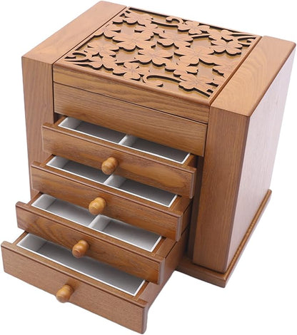 Extra Large Four-Leaf Carved 5 Layers Wooden Jewelry Box Jewelry Case Cabinet Armoire Ring Necklacel Gift Storage Box Organizer(5 Layers,Brown,Style 1)