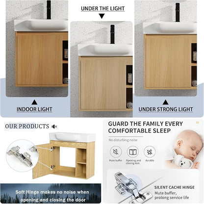 24" Bathroom Vanity with Ceramic Sink, Farmhouse Cabinet, Light Oak | Ceramic Sink, Soft-Close Door, Interior Compartment and 2-Tier Open Side Shelves, 45° Inclined Edge Handle