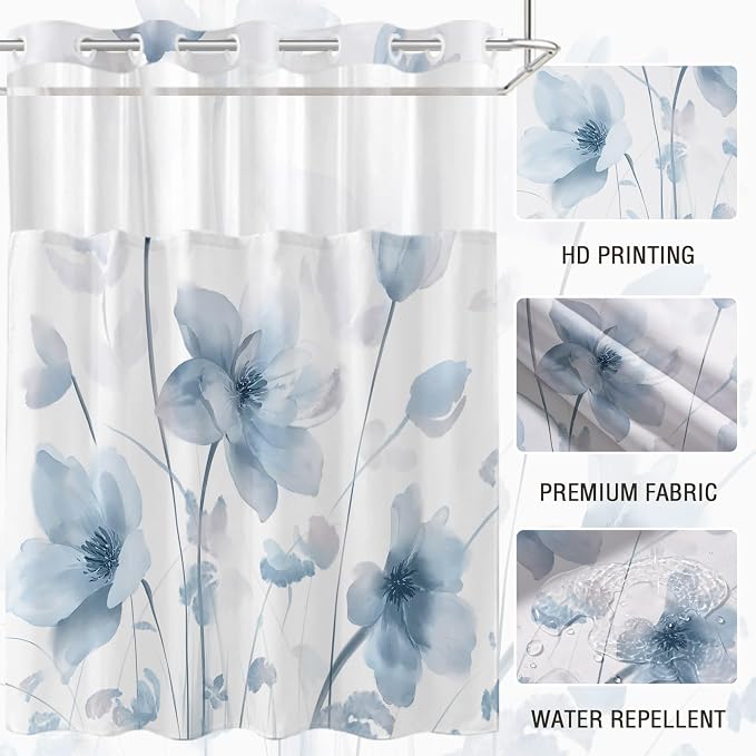 No Hook Shower Curtain and Liner Set, Blue Boho Floral 71x77 | Watercolor Boho Flower, with Snap in Liner, Waterproof, Machine Washable, Quick-Drying, for Hotel Bathroom