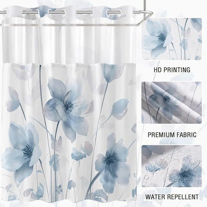 No Hook Shower Curtain and Liner Set, Blue Boho Floral 71x77 | Watercolor Boho Flower, with Snap in Liner, Waterproof, Machine Washable, Quick-Drying, for Hotel Bathroom