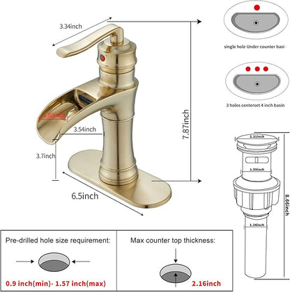 Waterfall Bathroom Faucet Brushed Gold GGStudy Single Handle One Hole Farmhouse Bathroom Vanity Faucet Basin Mixter Tap Deck Mount with Drain Assembly