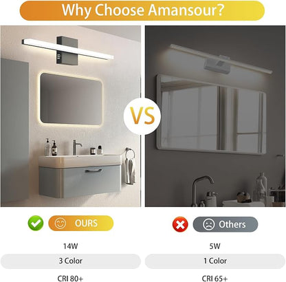 24 Inch LED Bathroom Vanity Light, 3-Color Selectable 3000K-6000K, IP44 Waterproof Wall Sconce for Makeup Mirror, Modern Black Vanity Lighting for Bathroom & Bedroom