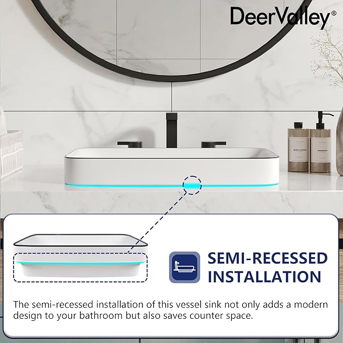 DeerValley 19x12 Inch White Semi Recessed Bathroom Vessel Sink with Black Rim, Ceramic Porcelain Rectangle Above Counter Vanity Sink Basin, DV-1V0235