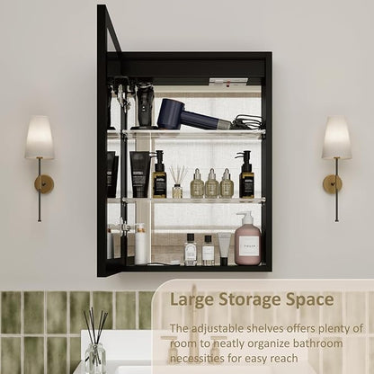 14x24 Inch Medicine Cabinet with Lights, Recessed or Surface Mount Bathroom LED Medicine Cabinet with Mirror, Anti-Fog, Adjustable Shelf, Dimmable Light, Outlets & USB,ETL Listed, Left Hinge,Black