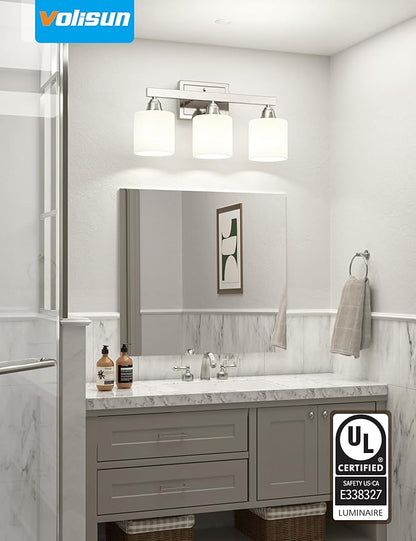 VOLISUN Brushed Nickel Bathroom Light Fixtures, 3-Light Bathroom Vanity Lights Over Mirror, Modern Vanity Light for Bathrooms, Bathrooms Lights Fixtures Over Mirror with Milky White Glass Shades