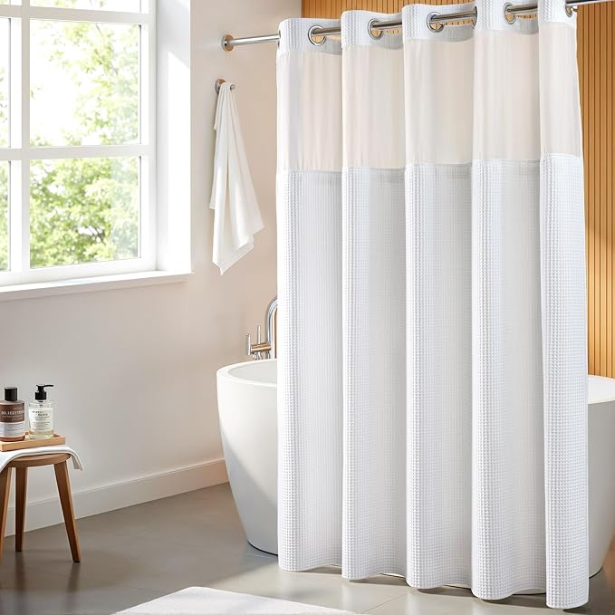 River Dream Cotton Blend Fabric Shower Curtain Set with Liner, White, 71x86 | Waffle Weave, No Hook Needed, with Snap in Replacement Liner, Top Sheer Window, Hotel Quality for Bathroom, Extra Long