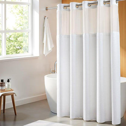 River Dream Cotton Blend Fabric Shower Curtain Set with Liner, White, 71x86 | Waffle Weave, No Hook Needed, with Snap in Replacement Liner, Top Sheer Window, Hotel Quality for Bathroom, Extra Long