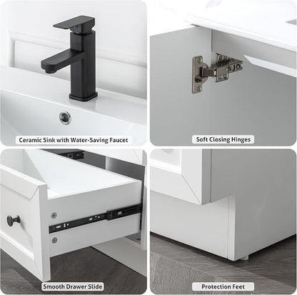 LUCKWIND 30" Farmhouse Bathroom Vanity with Sink Combo, Rustic Modern Bathroom Cabinet with Undermount Solid Surface Single Sink, Soft-Close Hinges & Water-Saving Faucet, White