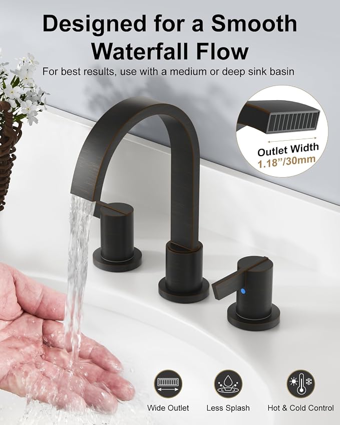 Bronze 3 Hole Bathroom Faucet,8" Widespread Vanity Faucet | 2 Handle Waterfall Bathroom Sink Faucet with Pop-Up Drain,Supply Lines,360° Swivel Spout,Lead-Free Stainless Steel,Deck Mount