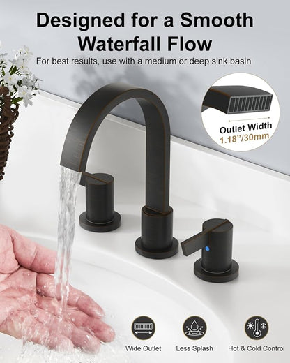 Bronze 3 Hole Bathroom Faucet,8" Widespread Vanity Faucet | 2 Handle Waterfall Bathroom Sink Faucet with Pop-Up Drain,Supply Lines,360° Swivel Spout,Lead-Free Stainless Steel,Deck Mount