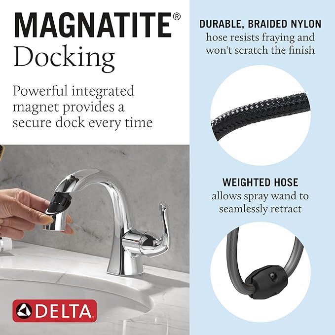 Delta Arvo 1 Hole Pull Down Bathroom Faucet with Sprayer, Chrome Single Hole Bathroom Sink Faucet with Pull Out Sprayer for Vanity, Metal Push-Pop Drain, Chrome 15840LF-PD