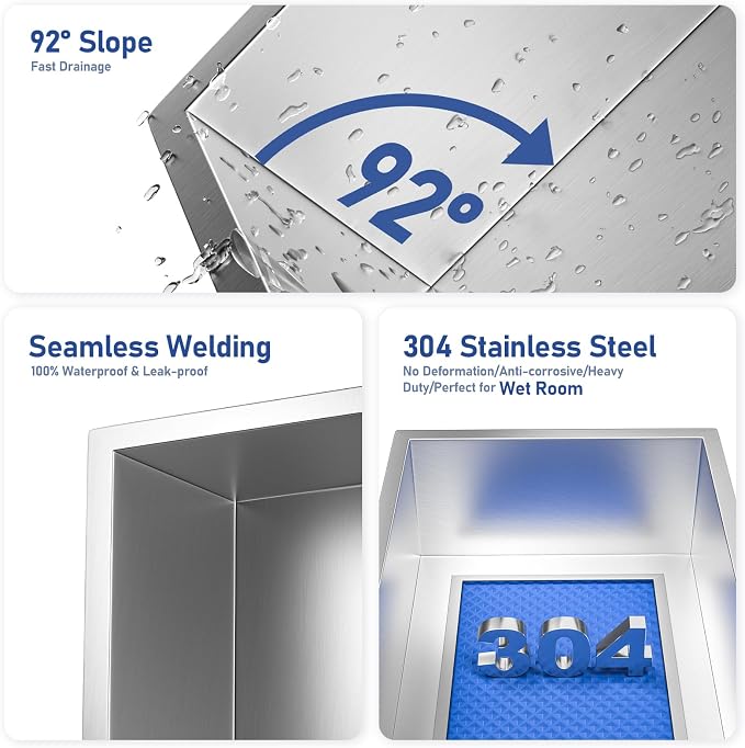 Stainless Steel LED Shower Niche 12" X 12" Brushed with RGB Light Waterproof Hardwired Dimmable No Tile Needed Recessed Wall Niche Shower for Bathroom Storage Over Mount Installation