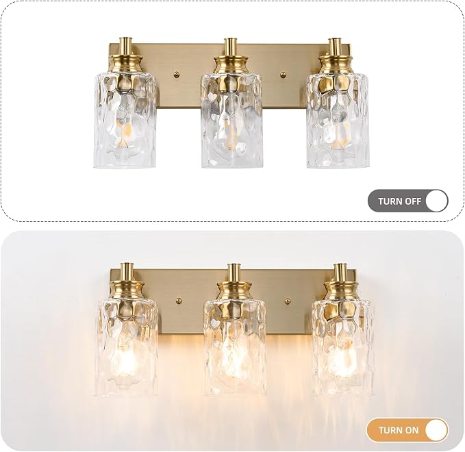3 Light Bathroom Vanity Light Modern Brushed Gold Bathroom Light Fixtures Over Mirror with Hammered Glass Lampshade for Kitchen Hallway