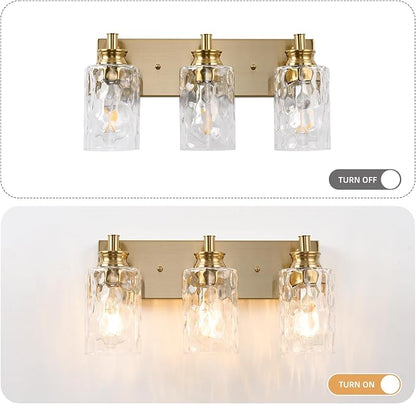 3 Light Bathroom Vanity Light Modern Brushed Gold Bathroom Light Fixtures Over Mirror with Hammered Glass Lampshade for Kitchen Hallway