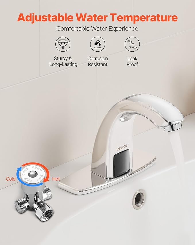 VEVOR Touchless Bathroom Sink Faucet, Automatic Motion Sensor Restroom Toilet Faucet with Hole Cover Plate, Battery Operated,Adjustable Temp for 9/16 in Pipe Commercial Lavatory,Chrome Plated Silver