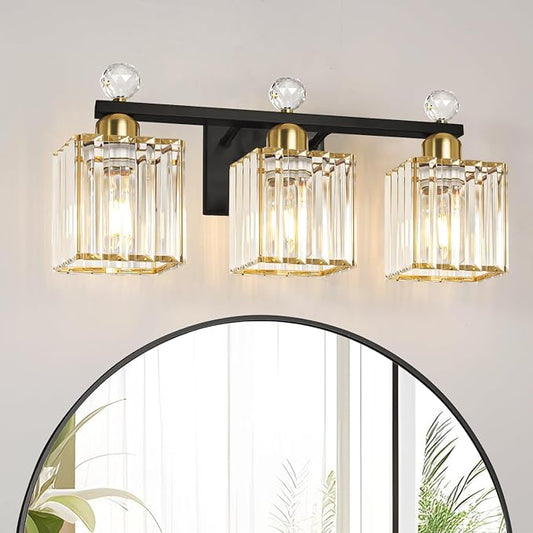 Lxybcce Bathroom Vanity Lights Over Mirror - Easy Installation with Clear Guide, 3-Light Shadow-Free Design, Black and Gold Crystal Finish - for Modern Home Bathroom Lighting Fixtures in DIY Projects