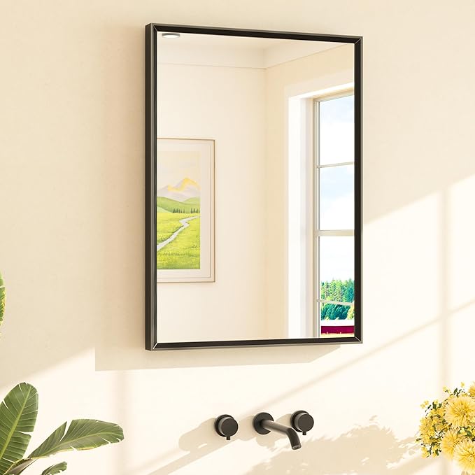 Black Bathroom Mirror 22" x 30" Matte Black Rectangle Beveled Framed Bathroom Vanity Mirror for Over Sink, Tempered Glass, Shatterproof, Stronger Frame, Modern Farmhouse Bedroom, Entryway